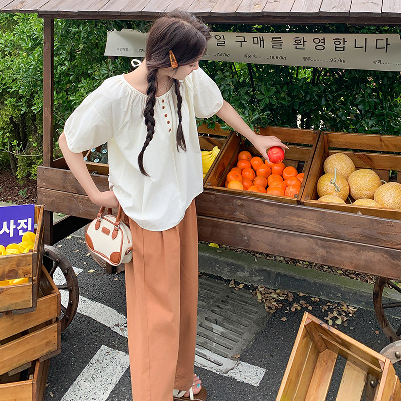 韩版盐系减龄圆领上衣套装女2025夏季新款显瘦阔腿裤子两件套,女装套装/套裙,2C131