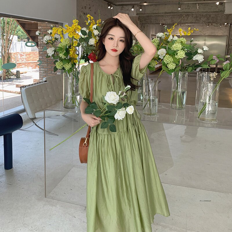 【25夏季现货】抽绳绿色连衣裙2C032693P105K158,女装连衣裙,2C032