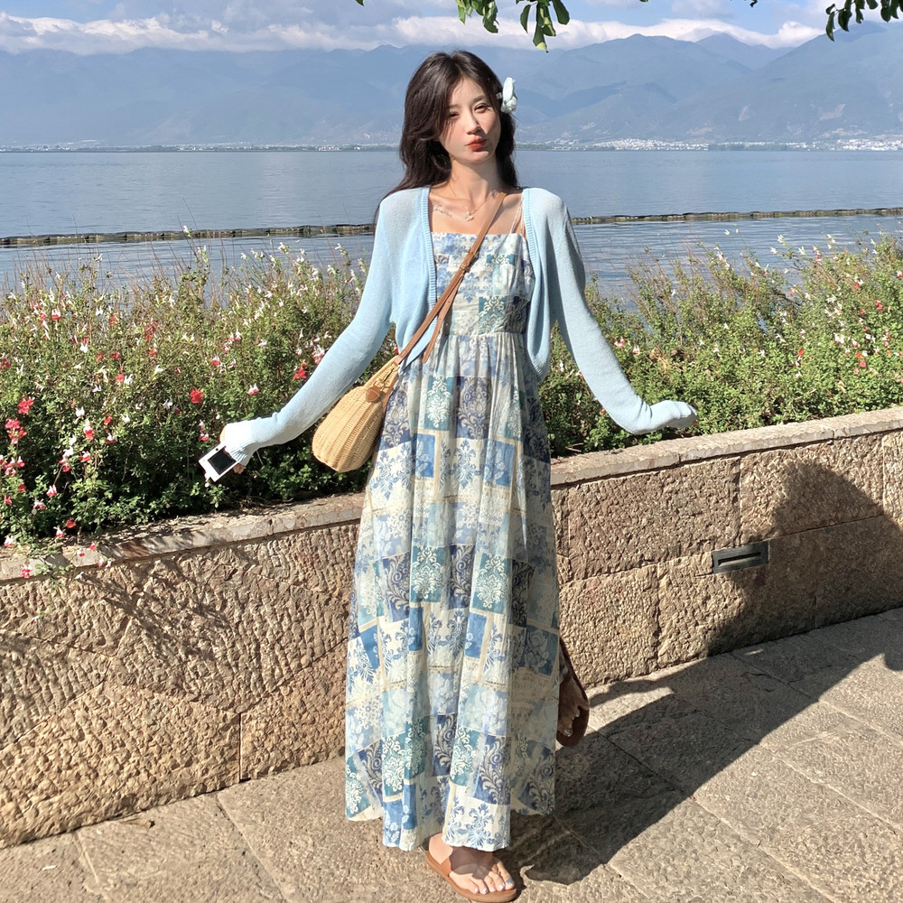 碎花吊带连衣裙冰丝针织防晒开衫两件套法式浪漫优雅度假风套装裙,女装连衣裙,2C166