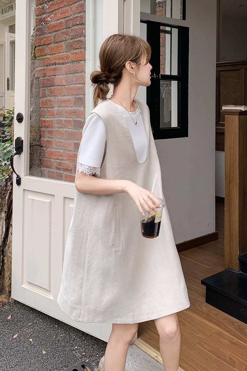 韩系休闲无袖背带连衣裙两件套女2025夏新款时尚蕾丝拼接短袖套装,女装套装/套裙,2C166