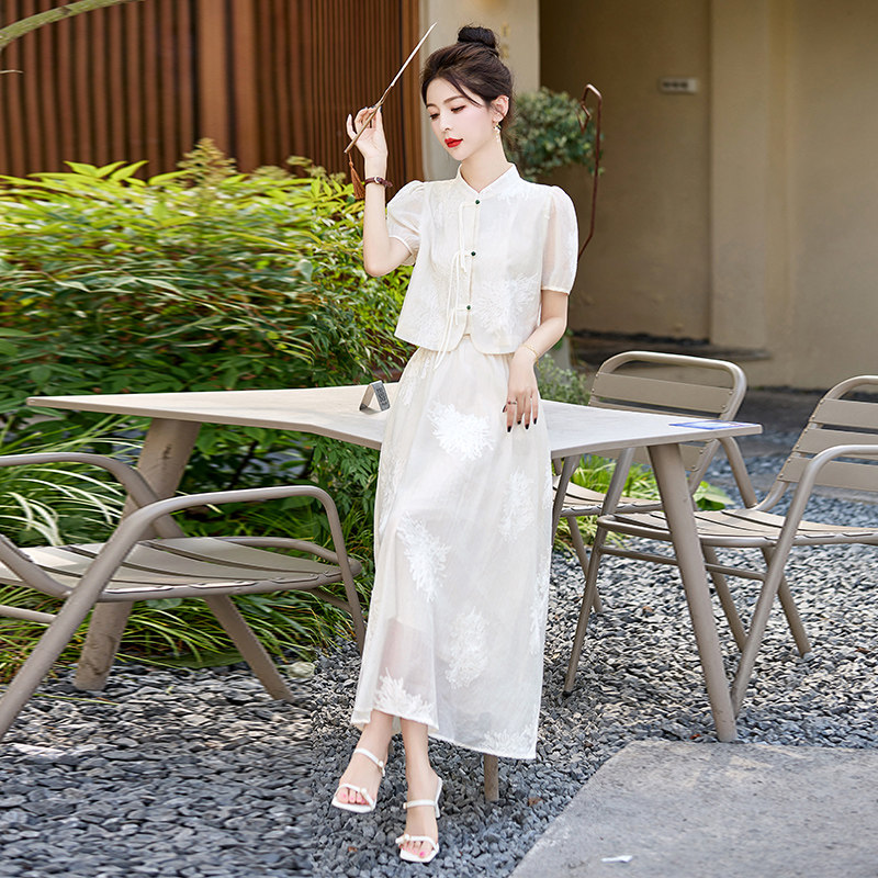 新中式改良旗袍国风套装连衣裙女2023夏季新款汉服设计感白色裙子,女装套装/套裙,奕可儿
