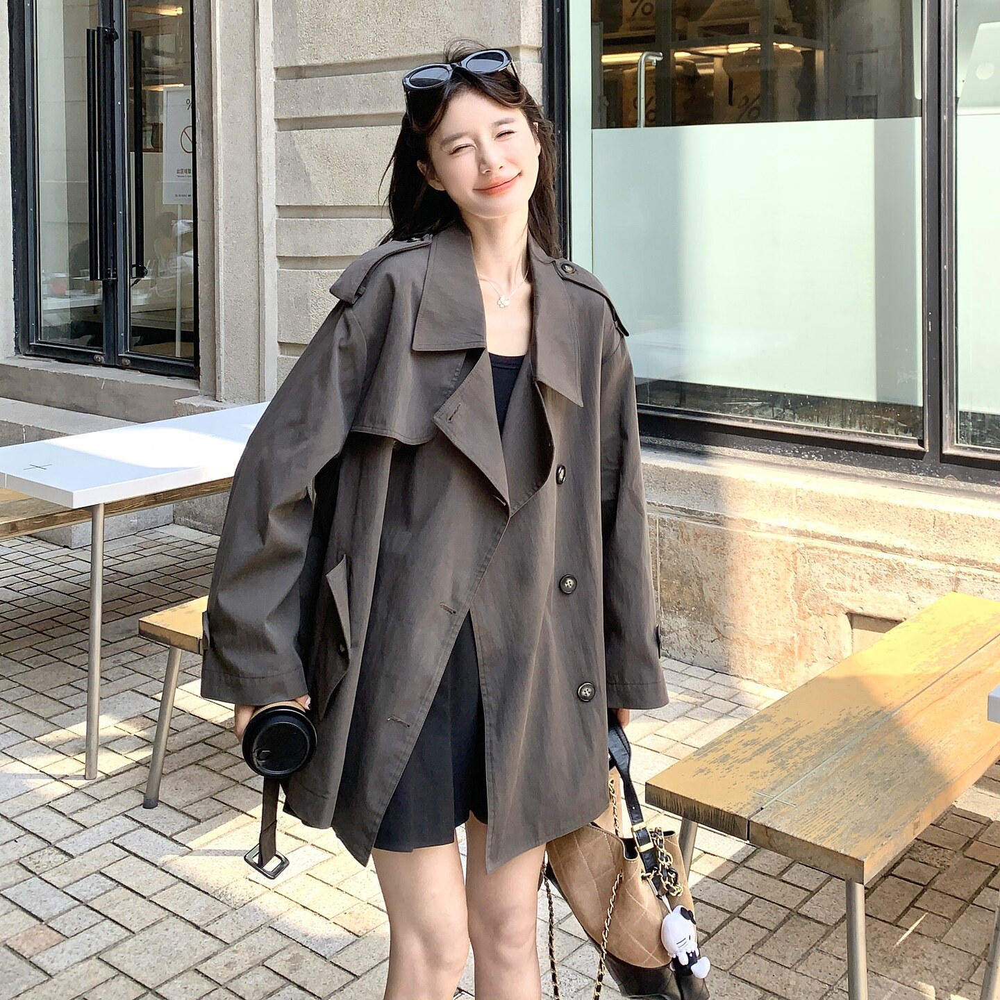 英伦风小个子风衣外套女2025秋季新款港风复古时尚宽松气质大衣潮,女装风衣,2C258