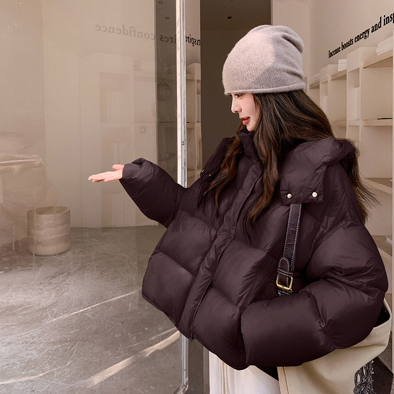 超好看咖色短款连帽羽绒服冬女2025年高级小众加厚保暖面包服外套,女装羽绒服,2C299