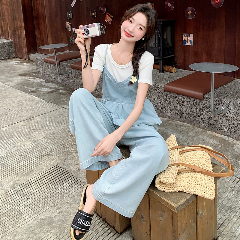现货高品质牛仔三件套吊带+白T+牛仔阔腿裤套装P170K248,女装套装/套裙,2C233