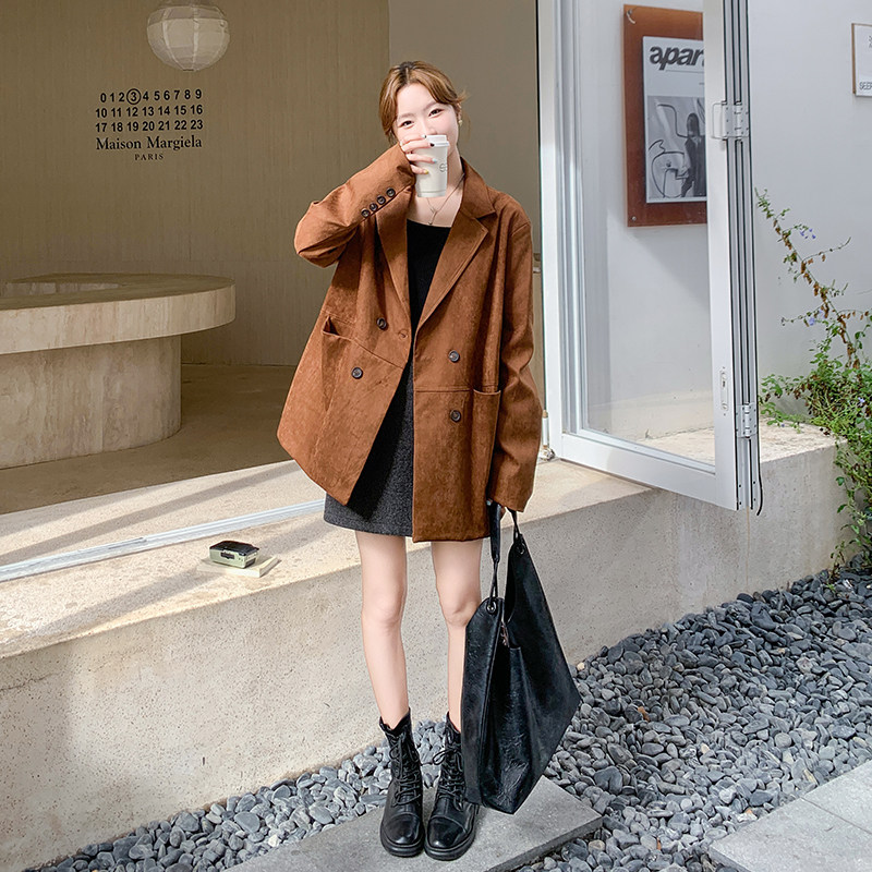美拉德咖色麂皮绒西装外套女2025春秋新款韩系高级感炸街通勤西服,女装短外套,2C280