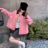 减龄撞色翻领休闲粉色短外套女春秋2025新款小个子夹克上衣巨好看，女装短外套，2D008