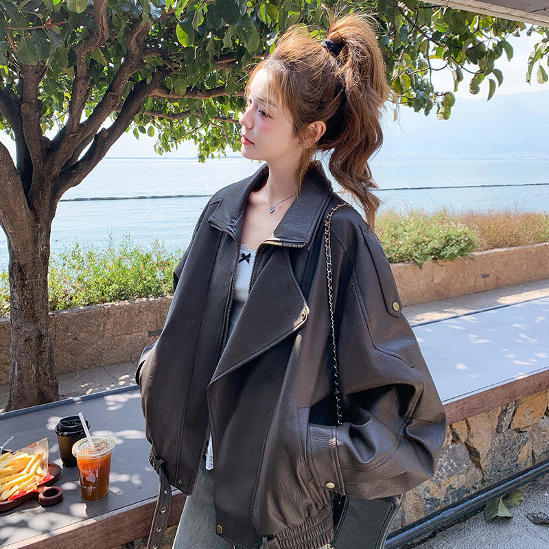 酷飒拽姐复古机车皮衣外套女春秋新款爆款高级感宽松百搭短款夹克图片