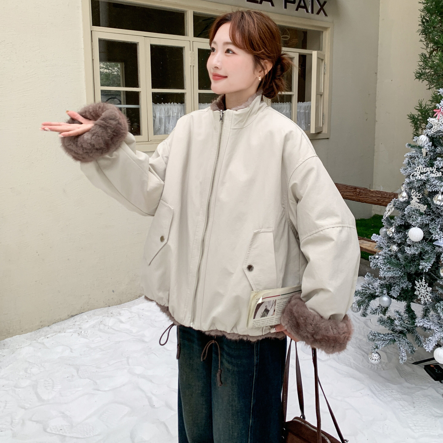 小众设计感两面穿棉服女冬季短款小个子韩版加厚羊羔毛保暖外套,女装派克服,2C166