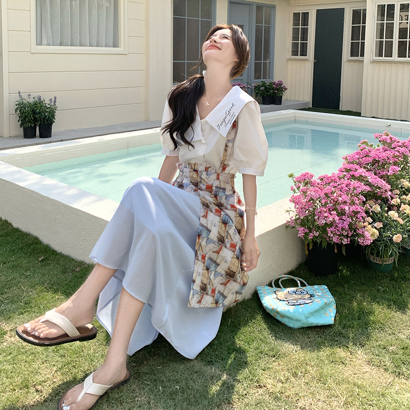 【现货】2025新款复古油画印花吊带裙+翻领衬衫拼接学院风两件套,女装连衣裙,2C238