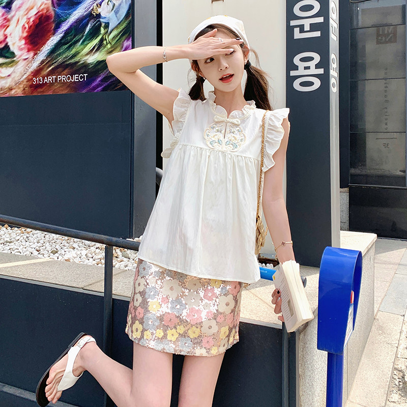【原创现货】夏装新款新中式轻风飞飞袖小衫+亮片花朵短裙,女装套装/套裙,2D148