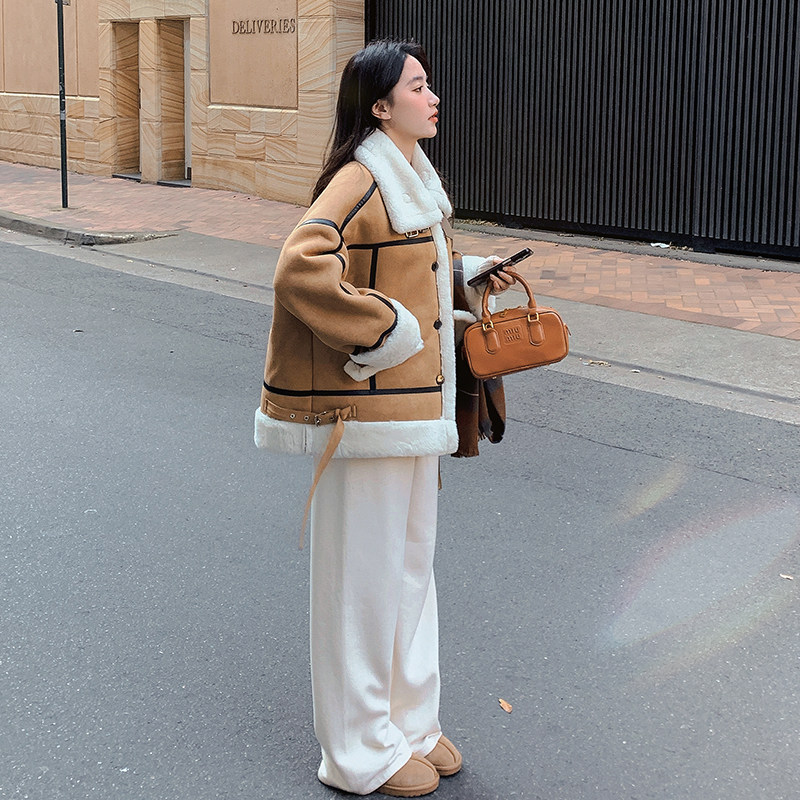 美式麂皮绒皮毛一体加绒外套女2025冬季新款咖色立领夹克机车服,女装皮草,2D008
