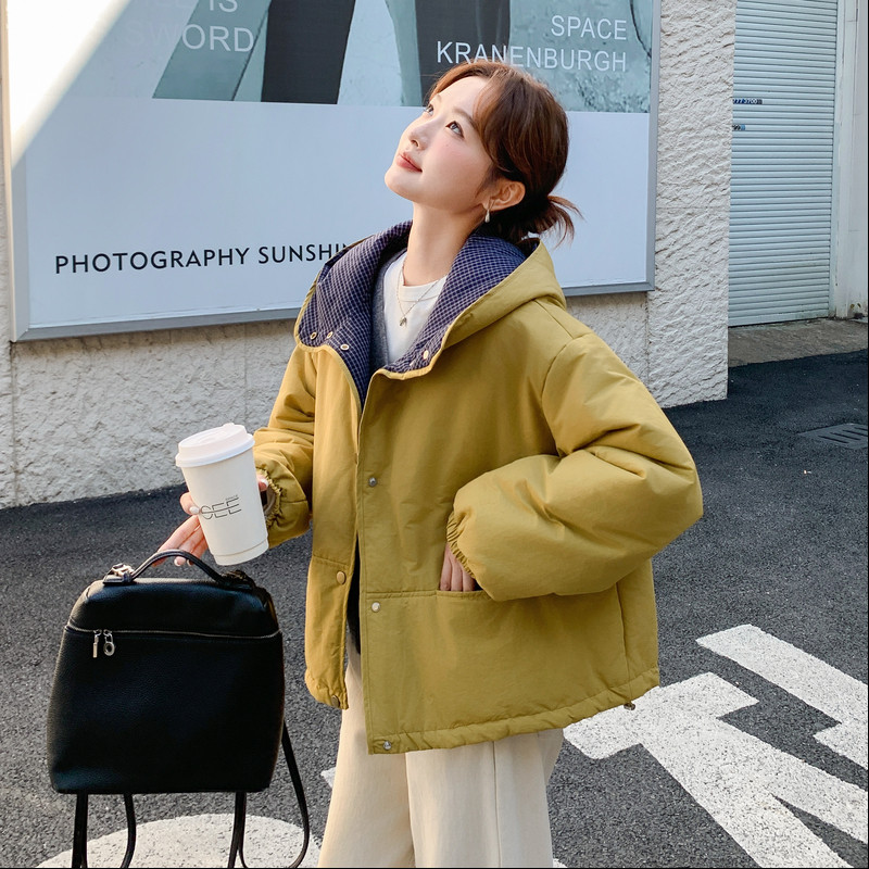 拼色格子连帽棉服外套女2025秋冬新款韩版宽松设计感减龄休闲棉衣,女装棉衣/棉服,2C159