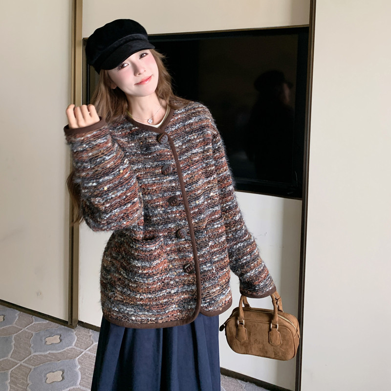 咖色条纹小香风外套女小个子2025秋新款法式百搭减龄今年流行开衫,女装短外套,2C323