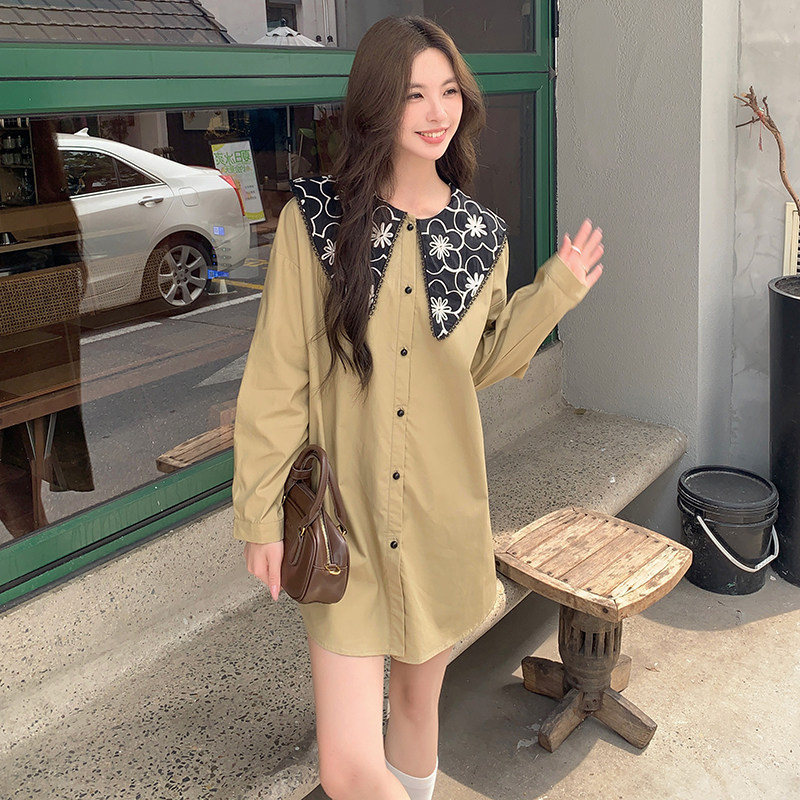 卡其色披肩印花连衣裙春秋女2025新款俏皮减龄小个子短款衬衫裙,女装套装/套裙,2C057
