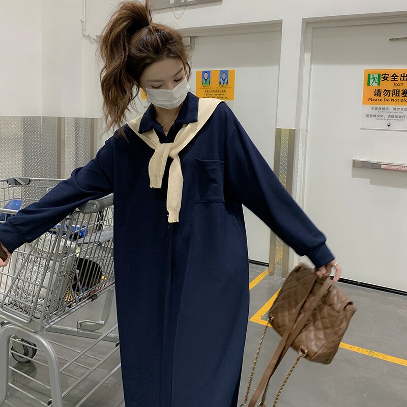 学院风长袖连衣裙春秋2025新款披肩外搭韩版宽松显瘦温柔衬衫长裙,女装连衣裙,2D043