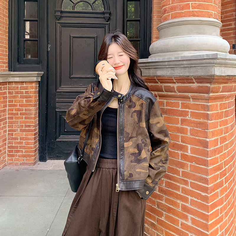 美拉德咖色麂皮绒短外套女春秋2025新款超火好看高级小众夹克上衣,女装短外套,2C126
