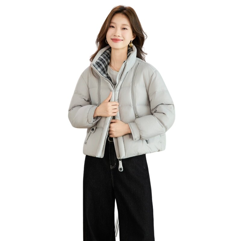 现货25冬装新款格子撞色拼接时尚双拉链气质羽绒服外套女,女装羽绒服,衣珂纱朗