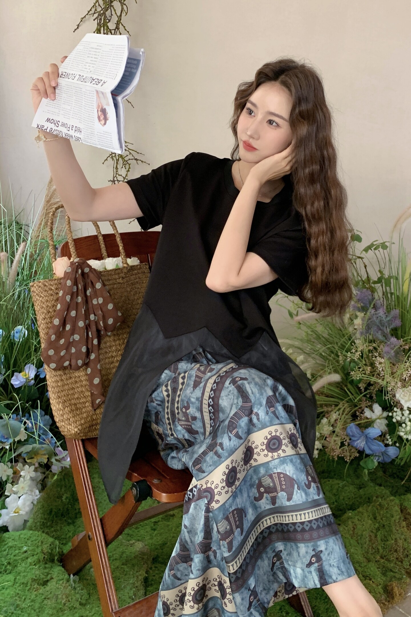 大象花小众新款穿搭一整套女夏巨好看网纱拼接T恤半身裙两件套装,女装套装/套裙,2C218