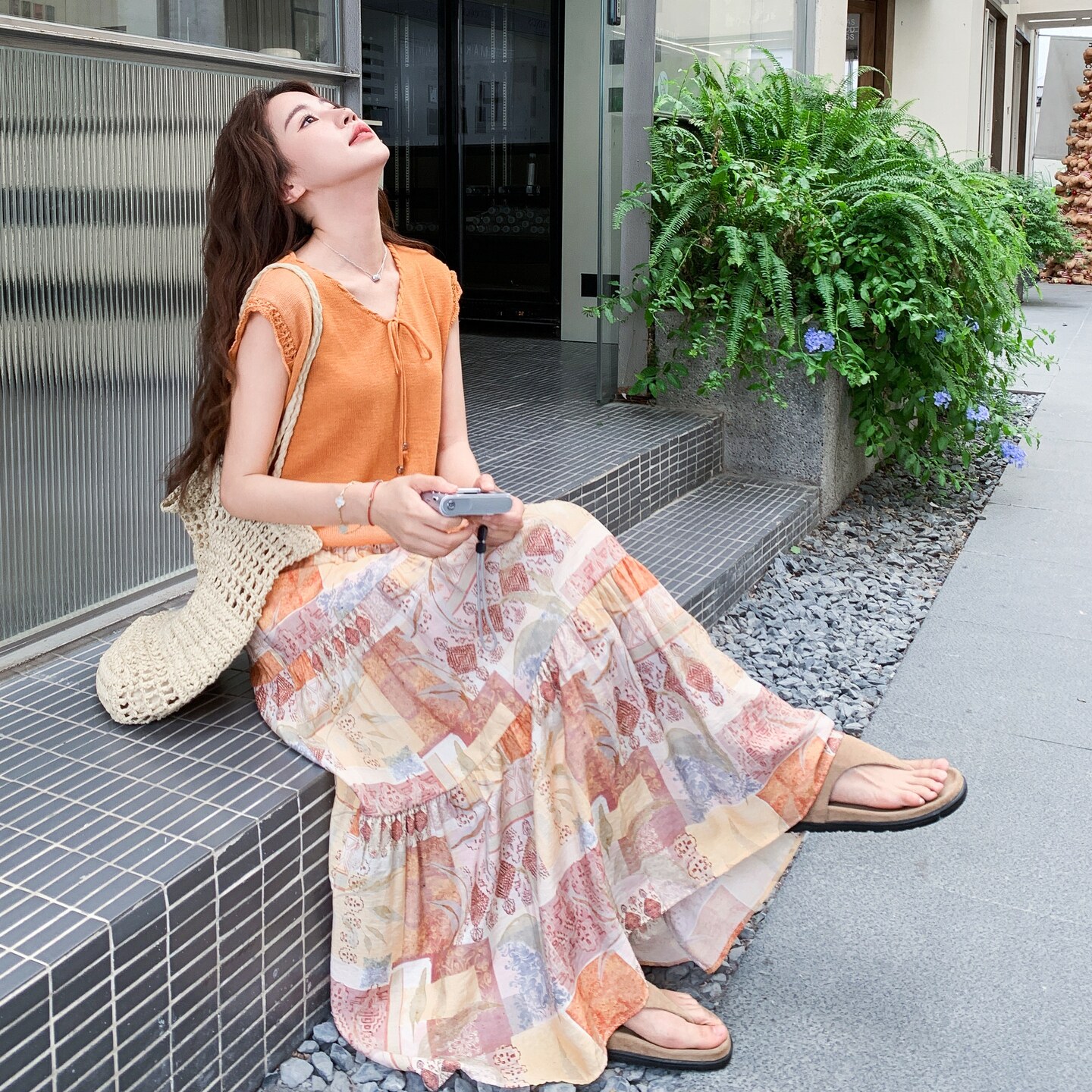温柔系穿搭针织上衣套装女夏新款法式复古度假印花半身裙两件套,女装套装/套裙,2C177