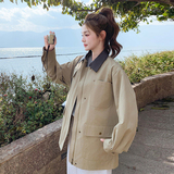 卡其色工装流行风衣外套女2025春秋季新款设计感炸街翻领夹克上衣，女装短外套，2C291