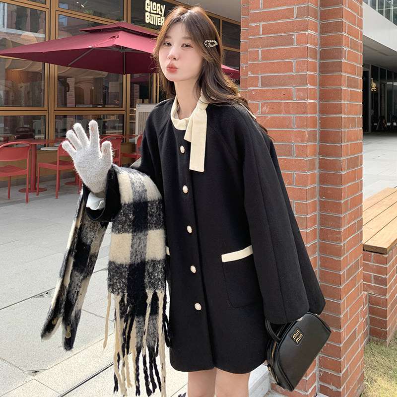 现货2D078-W6729-P225K348蝴蝶结绑带赫本风呢大衣内里羽绒90,女装毛呢外套,2D078