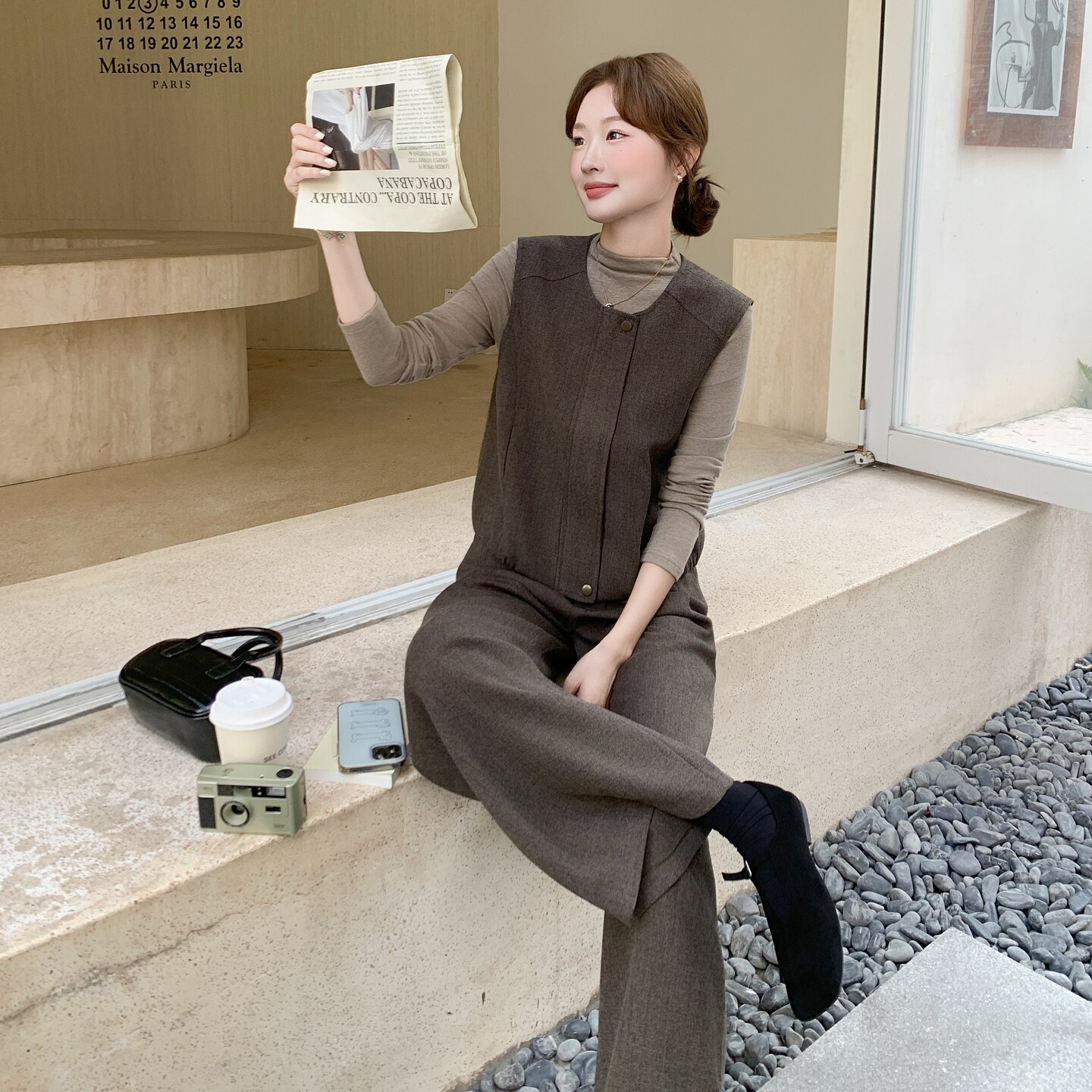 老钱风马甲打底衫阔腿裤套装女春秋巨好看三件套ootd穿搭大方得体,女装套装/套裙,2C012