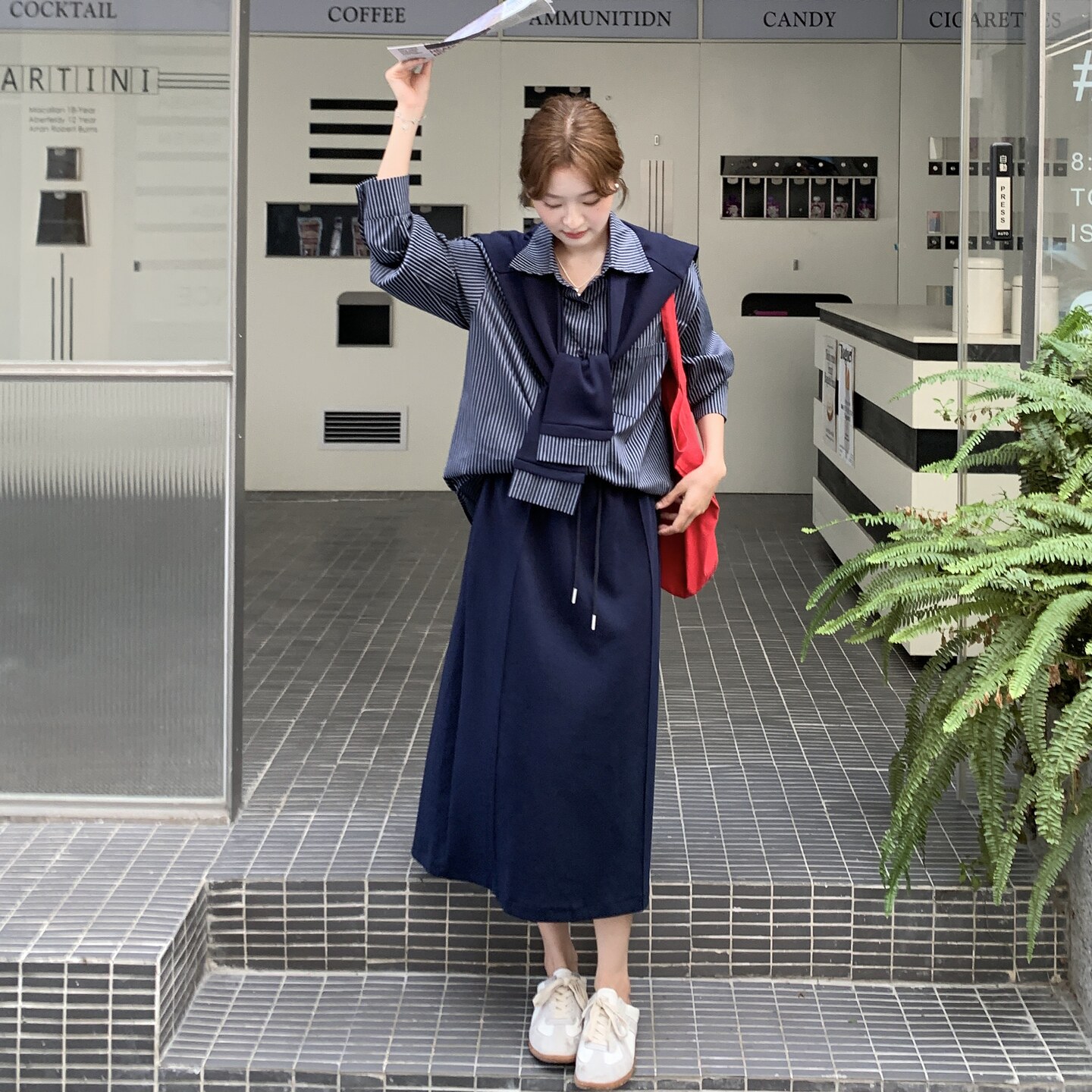 松弛感韩范披肩条纹衬衫套装裙女2025秋新款气质显瘦半身裙两件套,女装套装/套裙,2C177