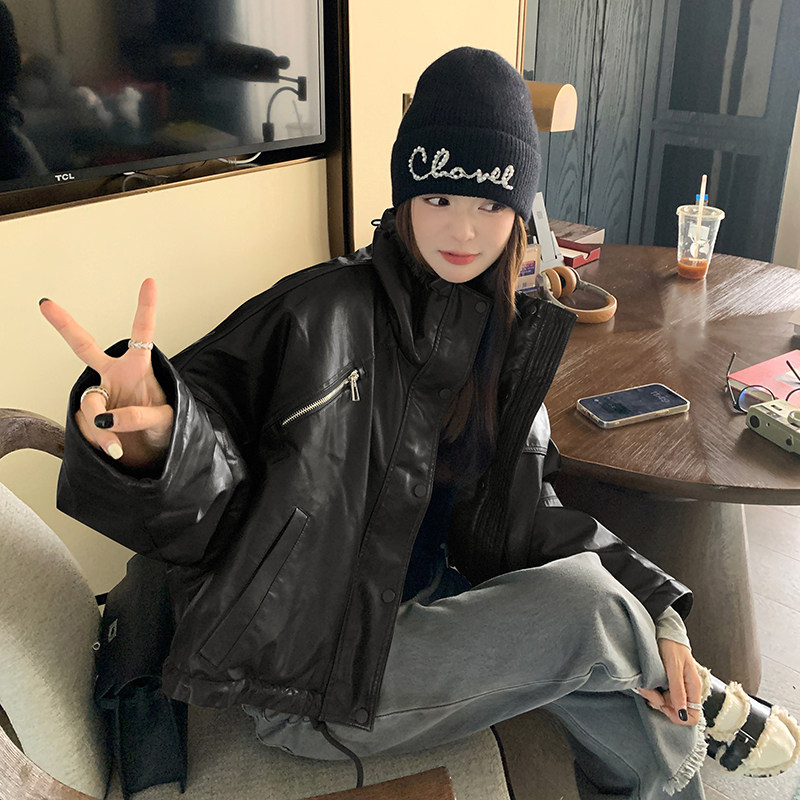 黑色炸街立领PU皮羽绒服女冬季2024新款设计感小个子短款皮衣外套,女装羽绒服,2B233
