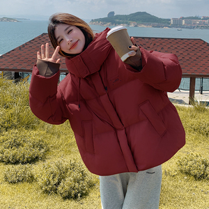 粉色宽松羽绒服女连帽韩系学生2024冬新款温柔风小个子面包服外套图片