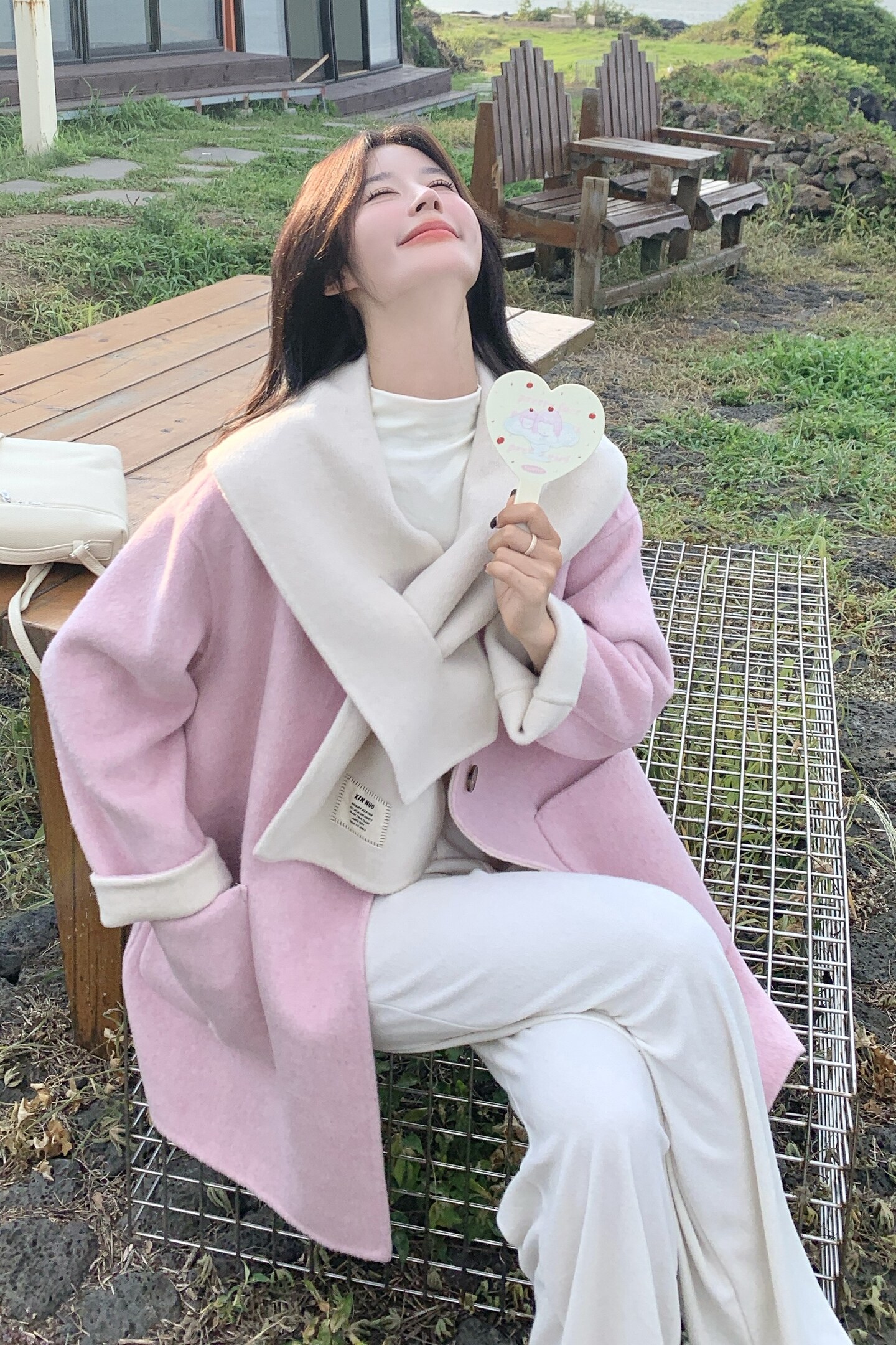 韩式chic粉色双面羊绒大衣女秋冬新款超火好看高级小众毛呢厚外套,女装羊绒大衣,2C056
