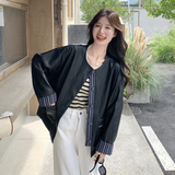 条纹拼接圆领黑色皮衣外套女春秋2025新款小个子流行爆款漂亮夹克，女装皮衣，2C275