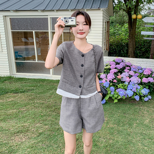法式设计感小香风上衣套装女2025夏季新款显瘦上衣阔腿短裤两件套图片