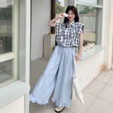 首:夏装新款复古减龄棉麻格子上衣木耳边裙裤两件套8823P155K218，女装套装/套裙，2C135