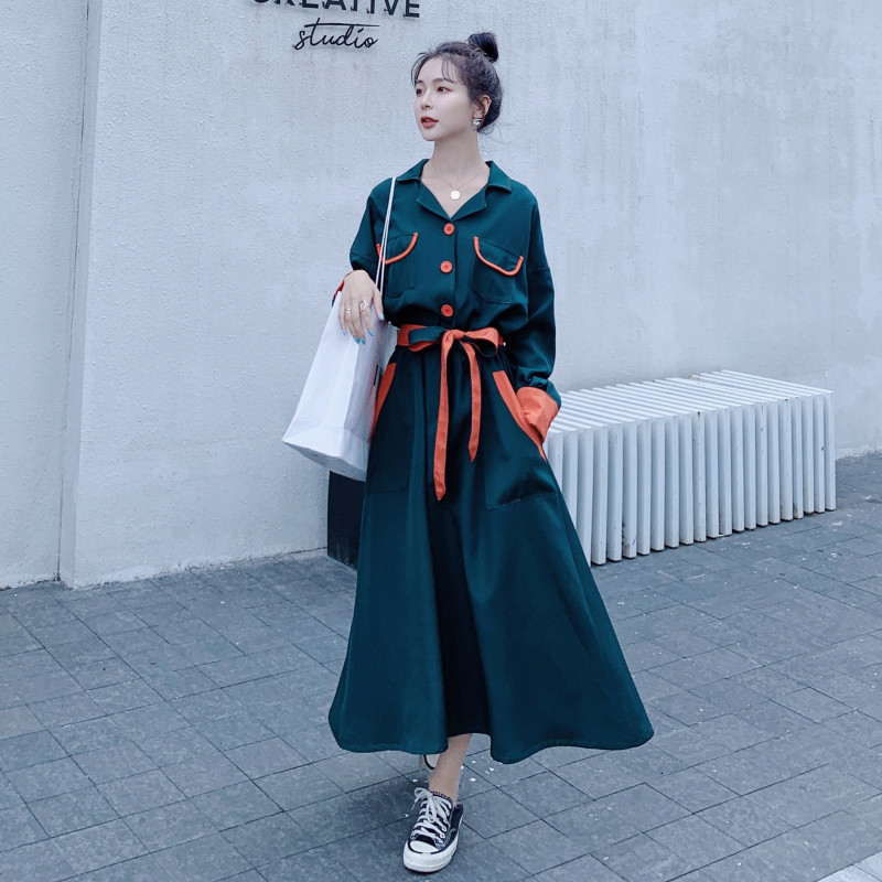 墨绿色休闲显瘦连衣裙女2025春秋季新款法式高级感气质长袖衬衫裙,女装连衣裙,2C056