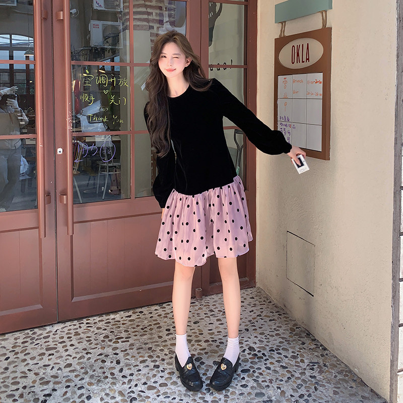 法式气质波点拼接连衣裙女2025春秋季新款韩版宽松显瘦温柔风短裙,女装连衣裙,2C057
