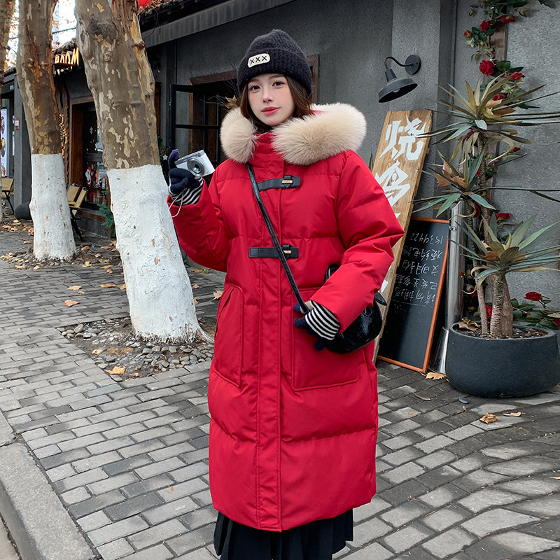 新款羽绒服女冬季2025新款休闲加厚白鸭绒新年红中长款外套,女装羽绒服,2C177