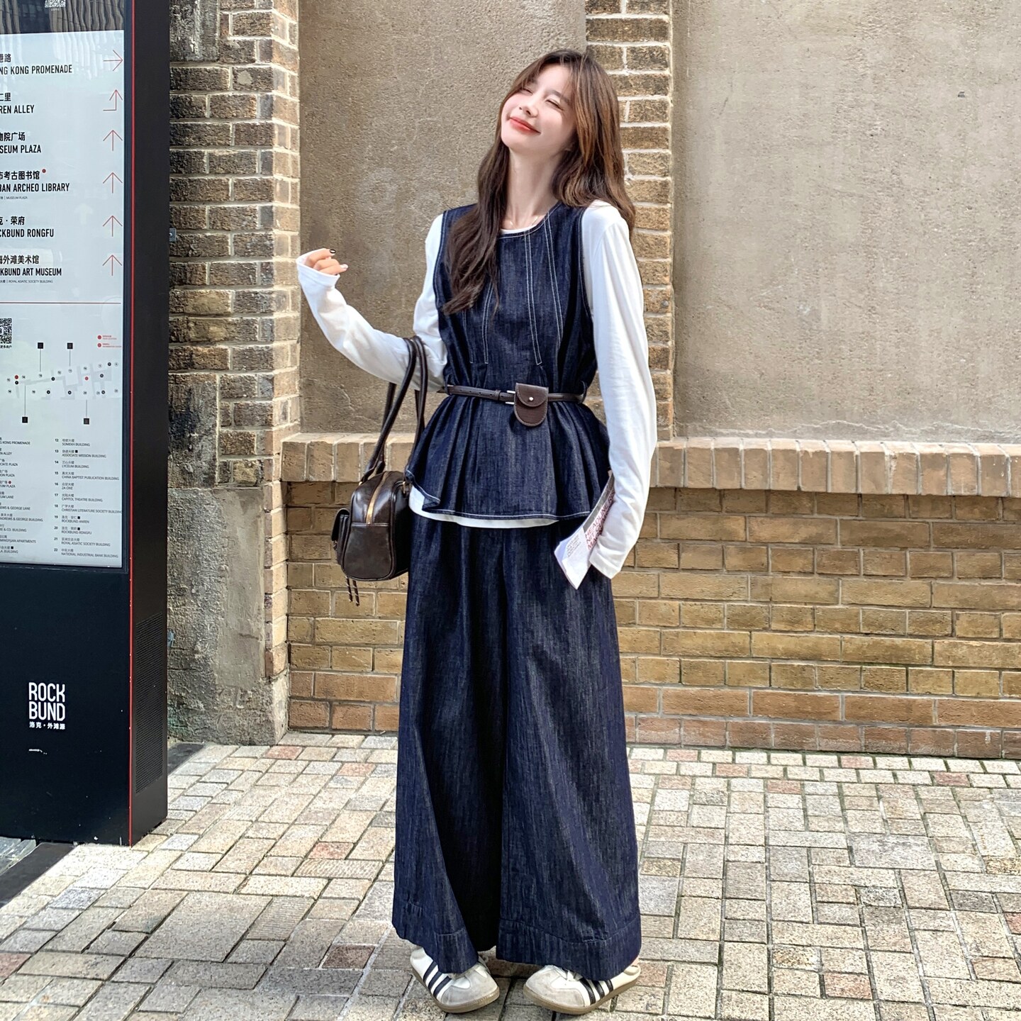 设计感时尚休闲韩版牛仔套装女春秋显瘦背心T恤阔腿裤三件套,女装套装/套裙,2C166