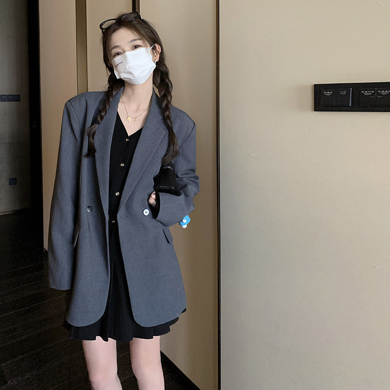 灰色休闲西装女春秋2025新款高级感韩版西服小个子学院风宽松外套,女装西装,2C166