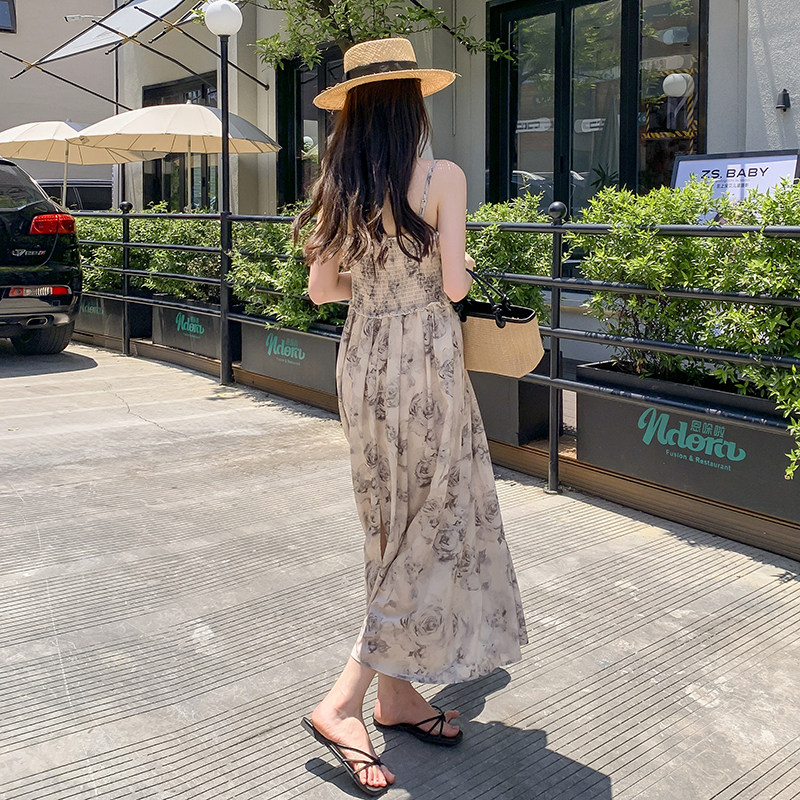 法式水墨印花气质吊带连衣裙女2025夏季新款韩版收腰显瘦复古长裙,女装连衣裙,2C222