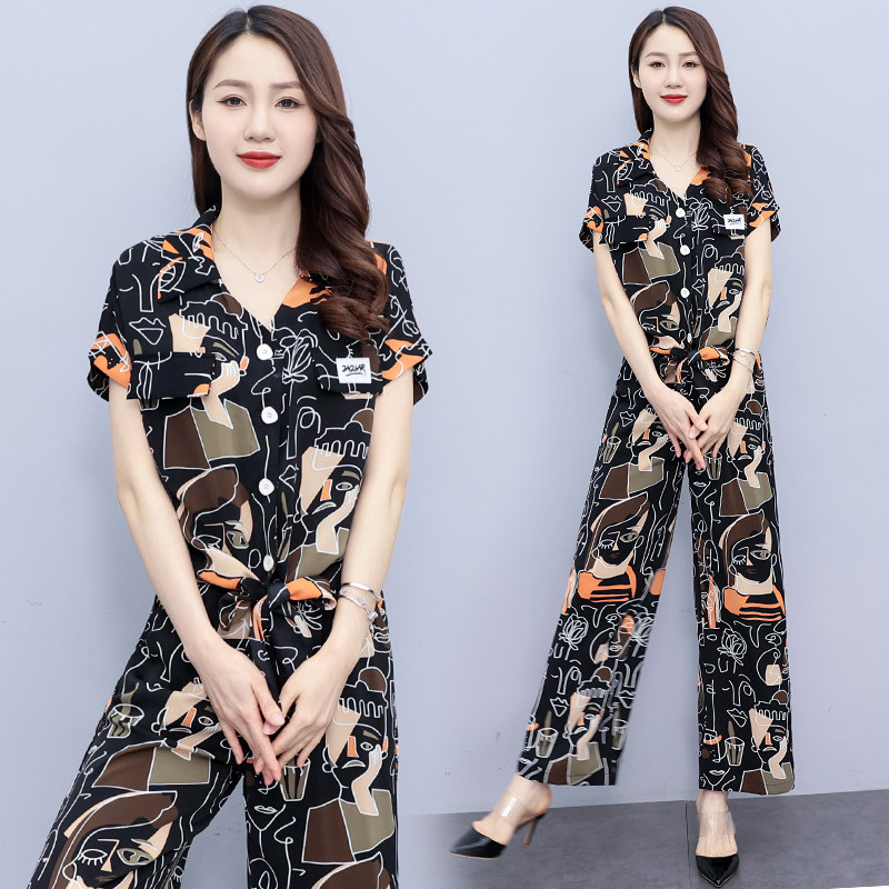 2025年夏季新款休闲时尚显瘦减龄气质印花阔腿裤两件套套装,女装套装/套裙,先锋丽姿