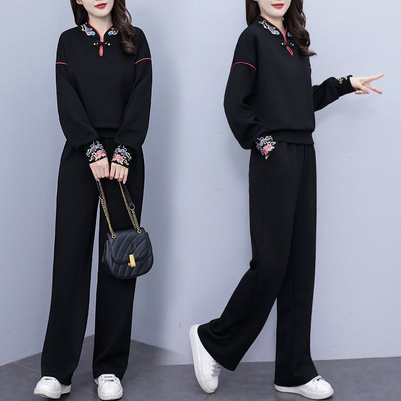 2025春装新款气质时尚风刺绣卫衣阔腿裤运动套装,女装套装/套裙,先锋丽姿