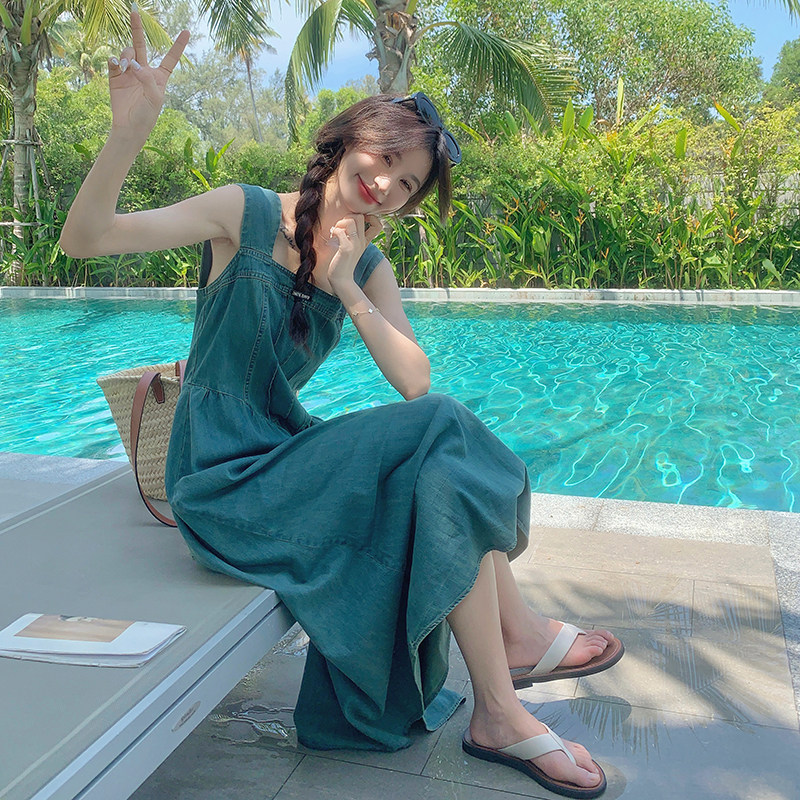 法式减龄盐系牛仔吊带连衣裙女2025夏季新款韩版收腰显瘦度假长裙,女装连衣裙,2C057