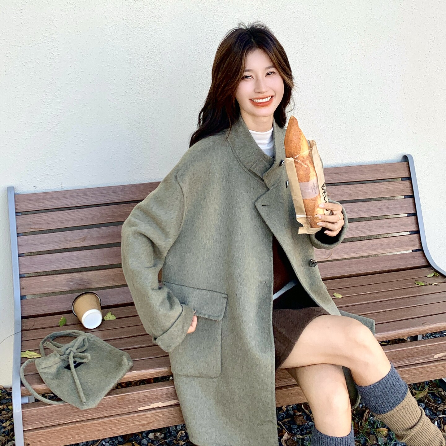 韩系chic绿色双面羊绒大衣女秋冬超火好看高级小众中长毛呢厚外套,女装毛呢外套,2D035