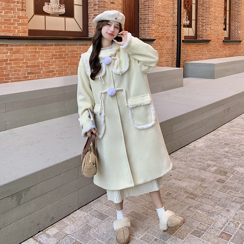 黄色连帽皮毛一体外套女秋冬超火好看高级小众加绒加厚羊羔毛大衣,女装毛呢外套,2B222