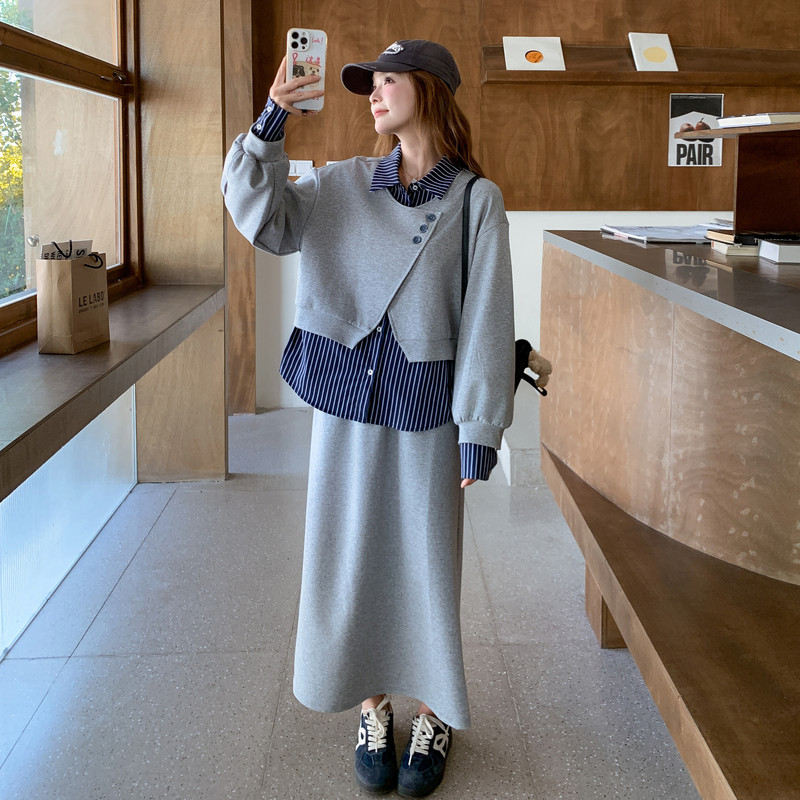 假两件条纹拼接卫衣半身裙套装女2025年秋季新款韩系学院风两件套图片