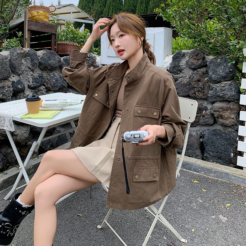 时尚牛仔口袋宽松秋季百搭落肩袖休闲短款短外套外套春秋美式牛仔,女装短外套,2C212