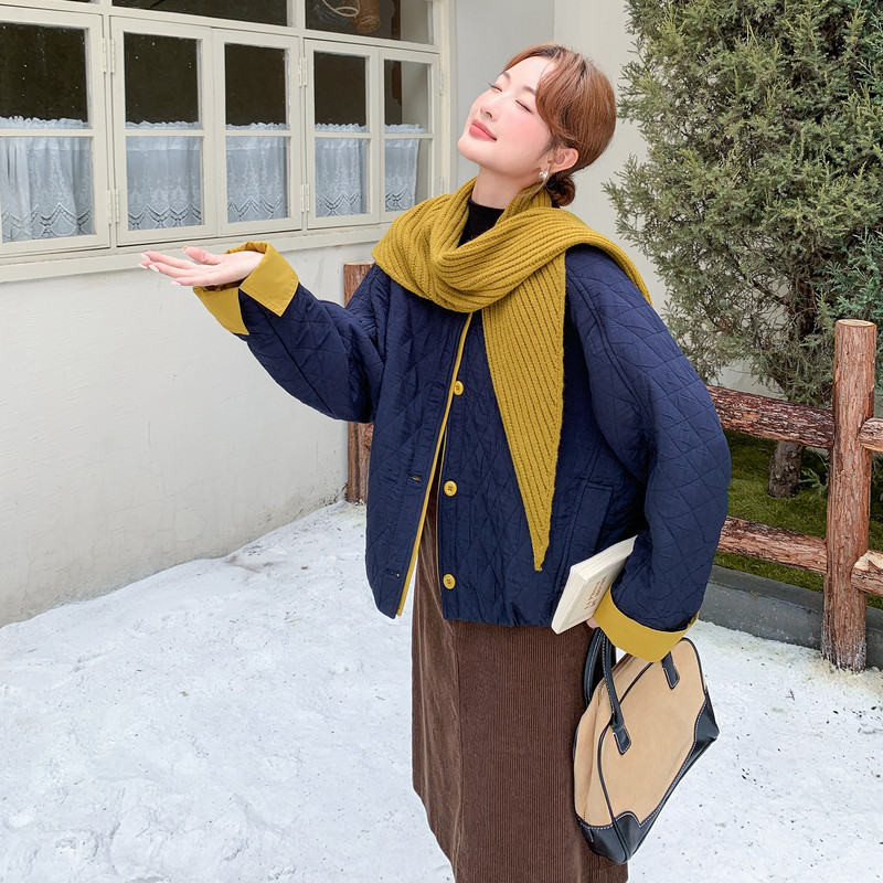 针织披肩加厚藏青色羽绒棉服女冬季2025新款小个子巨好看棉衣棉袄,女装棉衣/棉服,2C323