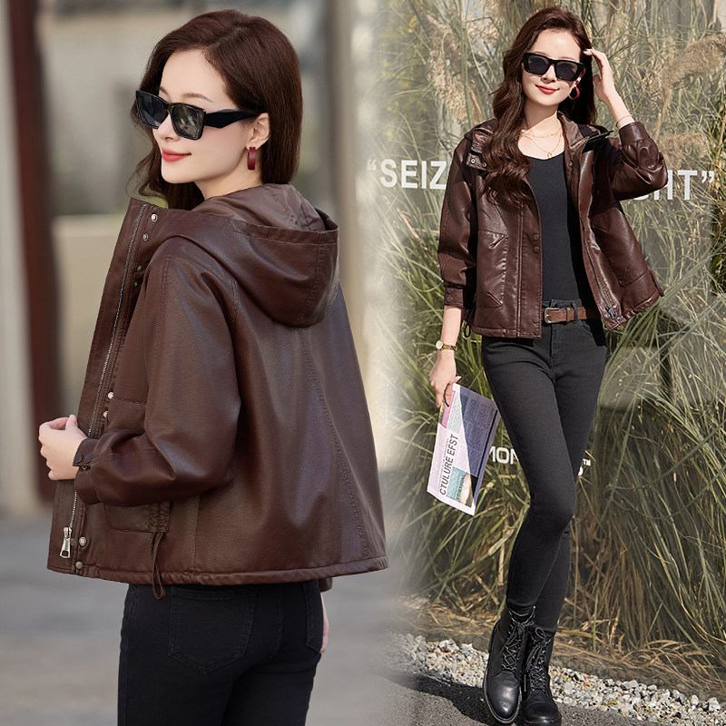 【现货】春装新品连帽皮衣外套女时尚皮夹克2506-1C115-P130-K198,女装皮衣,吾爱衣
