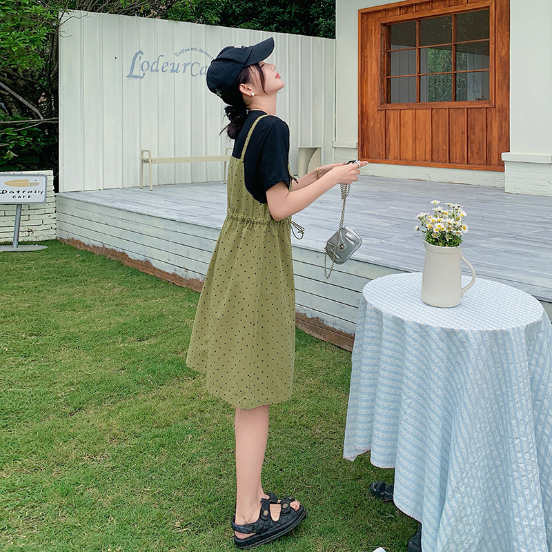 韩版俏皮减龄假两件连衣裙女2025夏季新款法式宽松显瘦波点短裙子,女装连衣裙,安在秀