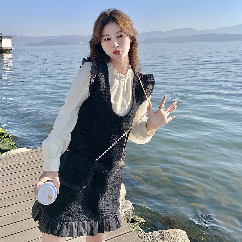 粗花呢木耳边法式气质女2025宽松春秋现货两件套感背心裙长袖,女装套装/套裙,2C166